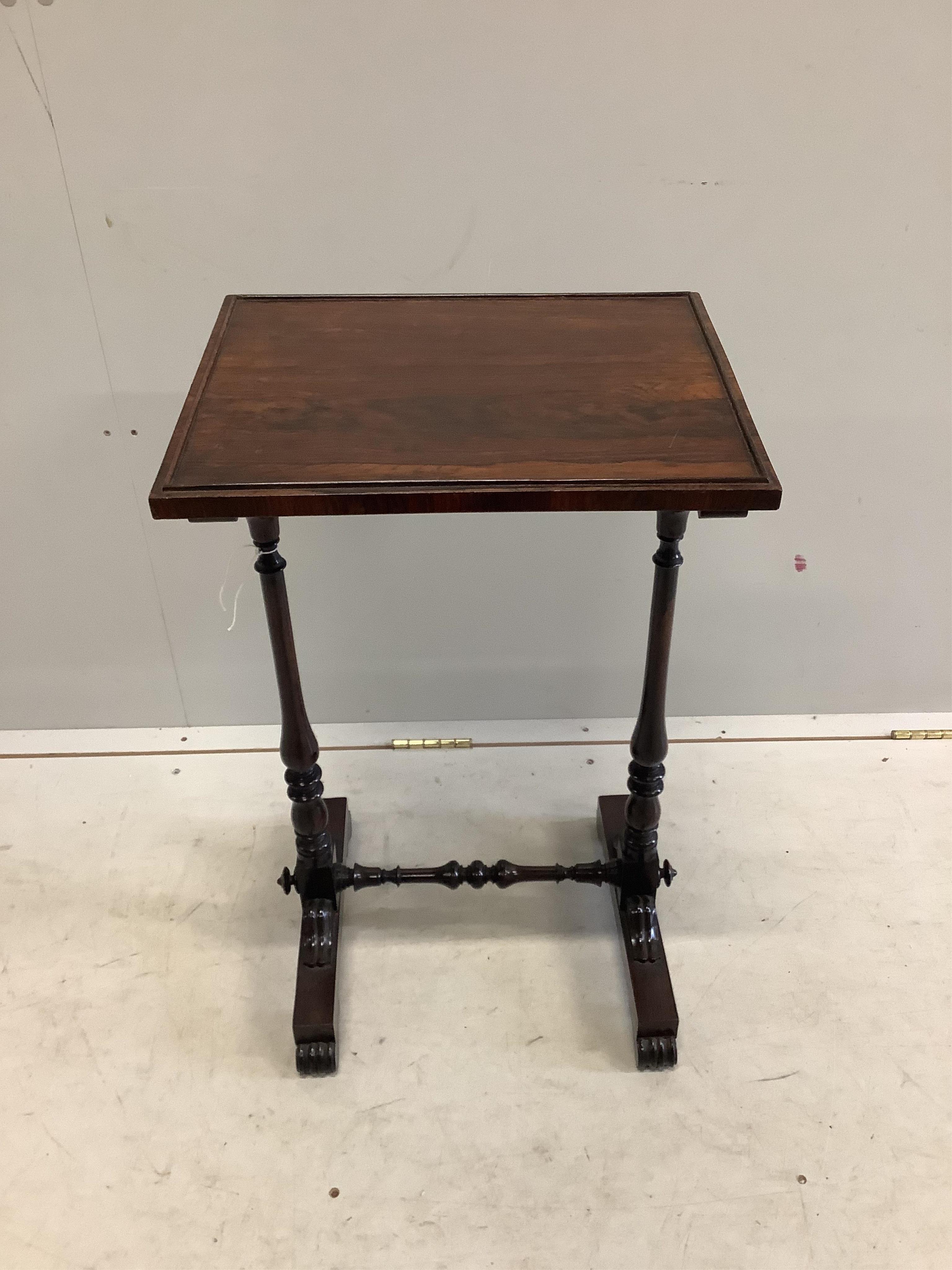 A Regency rectangular rosewood stretcher base side table, width 41cm, depth 33cm, height 69cm. Condition - fair to good